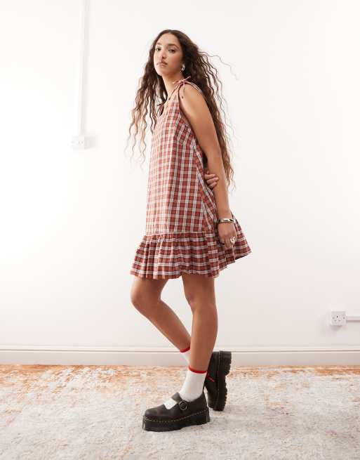 COLLUSION square neck check babydoll mini dress in brown check-Multi