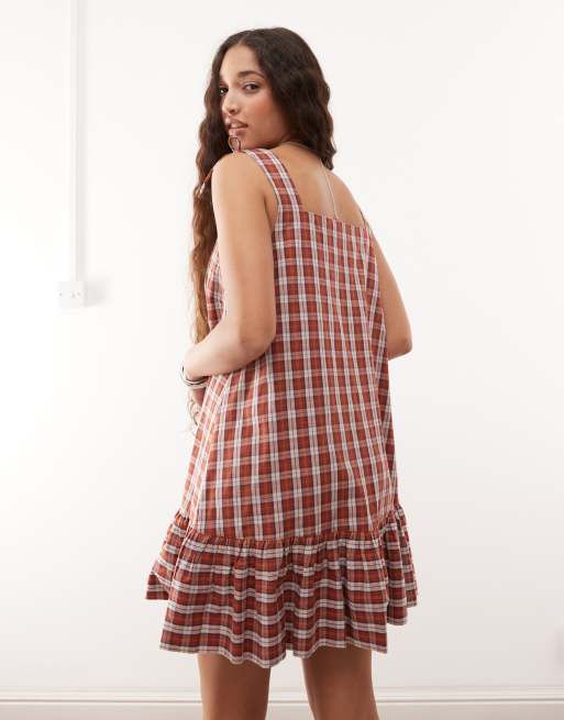 COLLUSION square neck check babydoll mini dress in brown check, 4 of 4