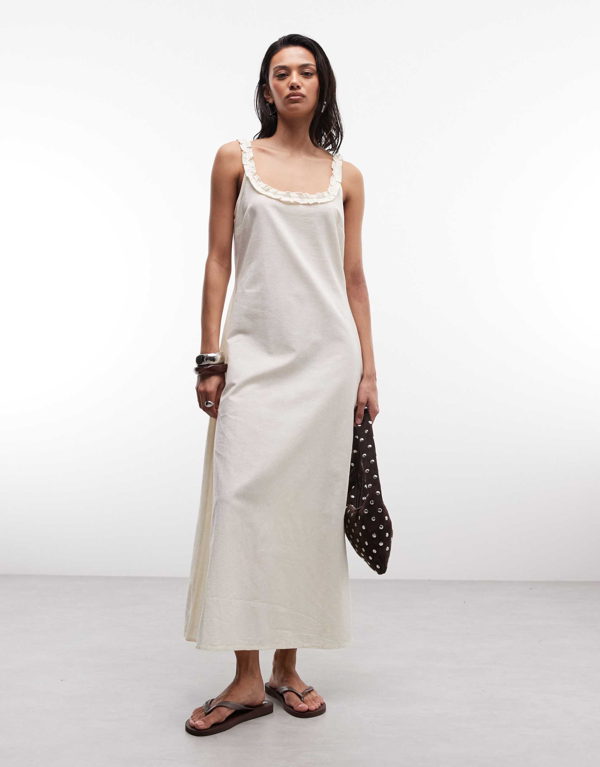 collusion square neck frill detail midi dress in oatmeal