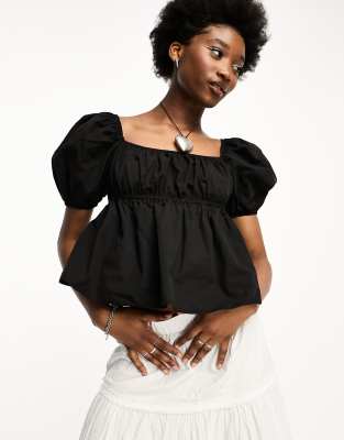 Collusion Square Neck Puff Sleeve Crop Blouse In Black ModeSens