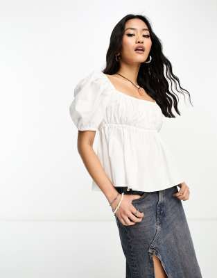 COLLUSION square neck puff sleeve crop blouse in white