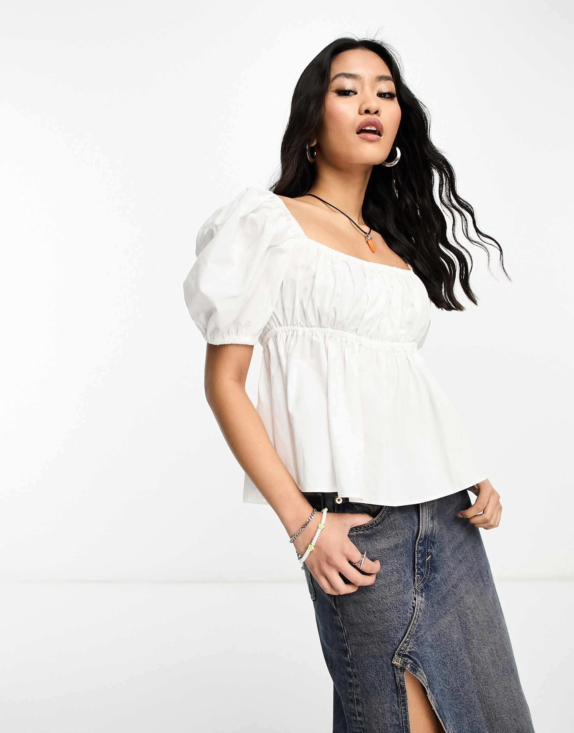 collusion square neck puff sleeve crop blouse in white