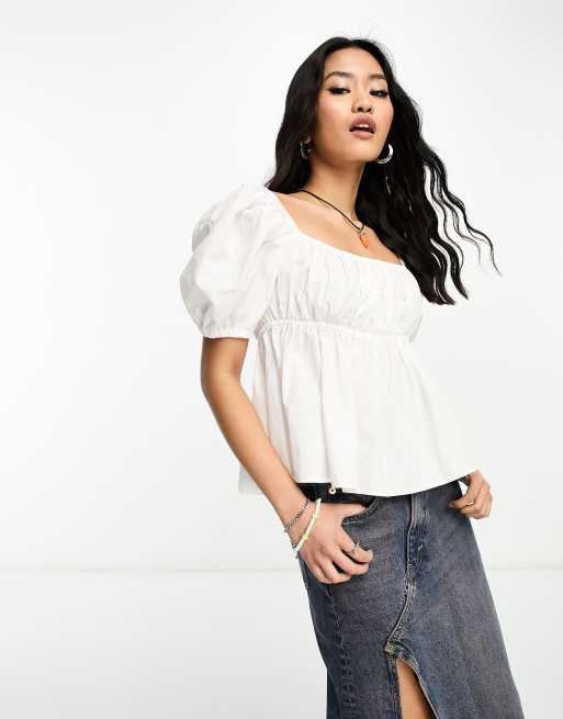 COLLUSION square neck puff sleeve crop blouse in white | ASOS