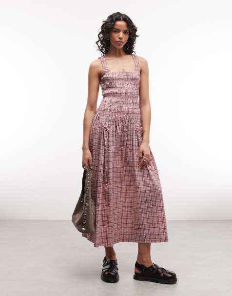 COLLUSION square neck shirred midi dress in pink plaid - view 1