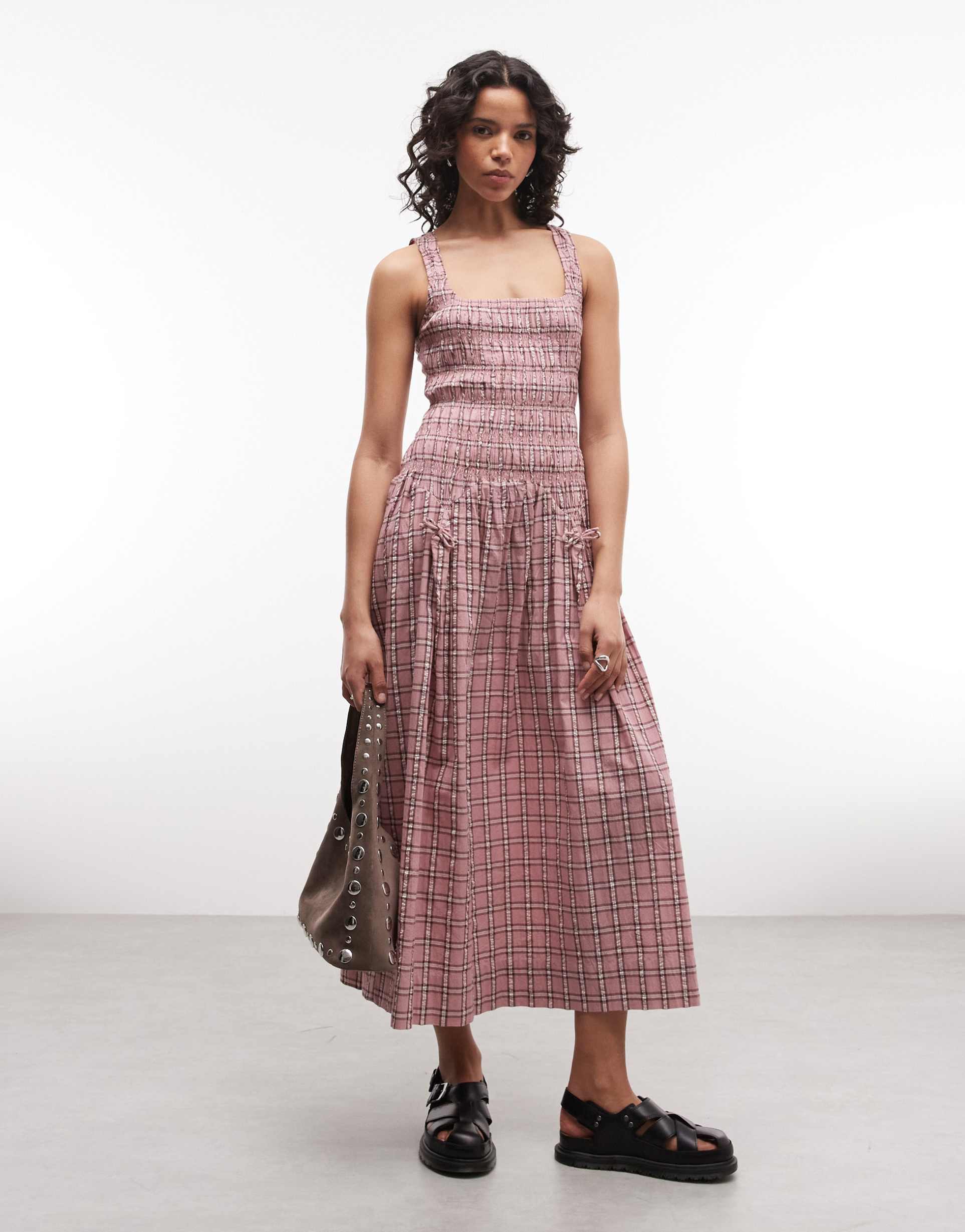 collusion square neck shirred midi dress in pink plaid
