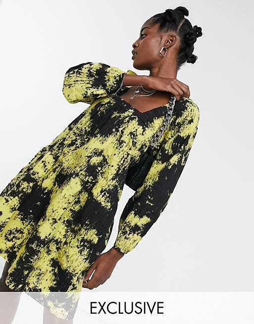 COLLUSION square neck smock dress in black and yellow wash | ASOS