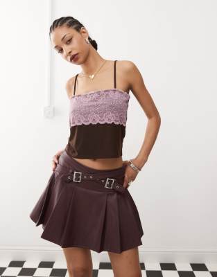 square neck strappy cami in brown mesh with pink lace