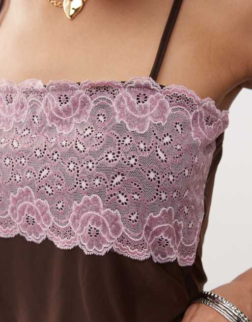 COLLUSION square neck strappy cami in brown mesh with pink