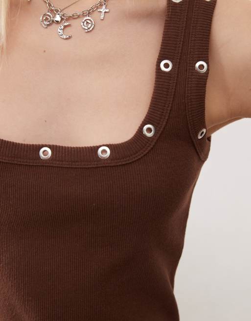 COLLUSION square neck stud detail ribbed tank top in brown