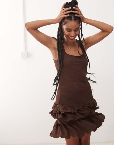 COLLUSION square neck textured mini dress in brown - view 1