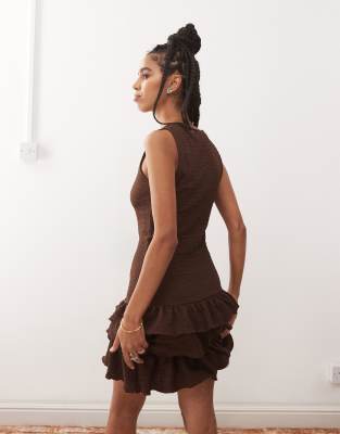 Collusion Square Neck Textured Mini Dress In Brown