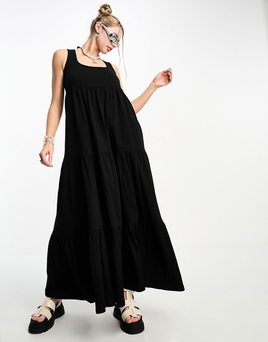 square neck tiered maxi dress in black