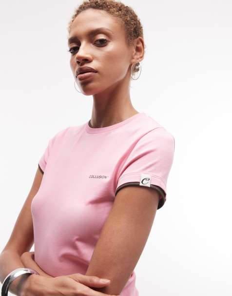 COLLUSION double layer logo baby tee in pink
