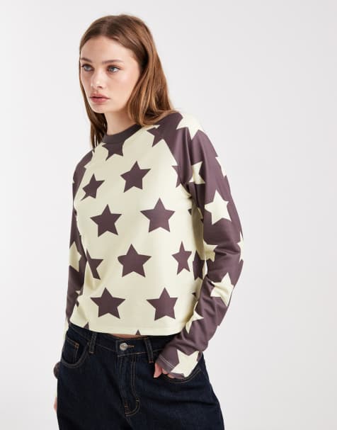 COLLUSION star print raglan long sleeve t-shirt in yellow