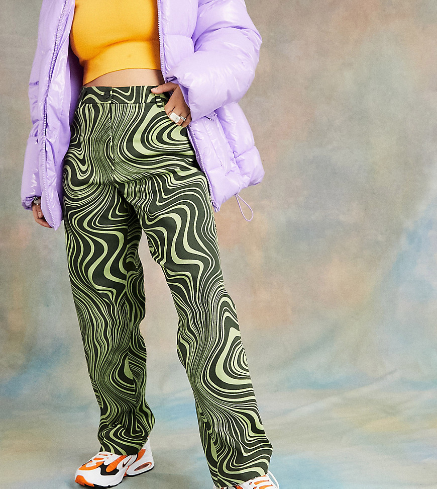 COLLUSION straight leg abstract print pants in green-Orange