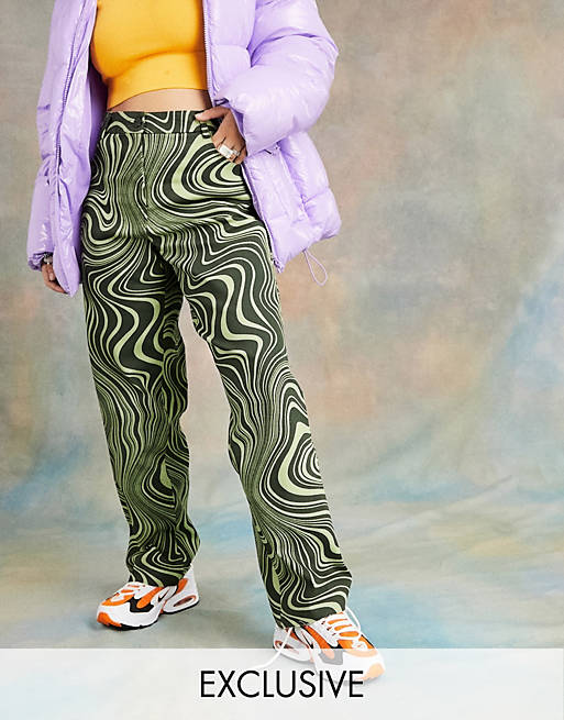 Women COLLUSION straight leg abstract print trousers in green 