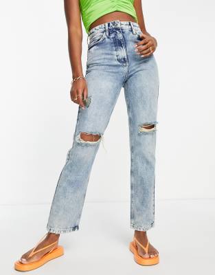 COLLUSION straight leg jeans with bleach detail in blue - LBLUE