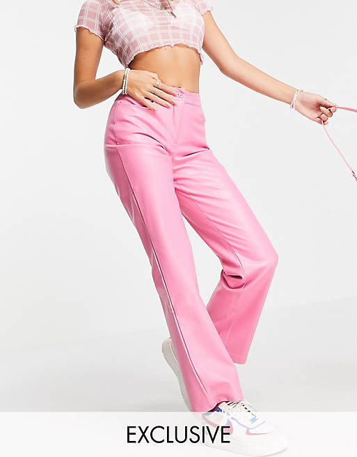 COLLUSION straight leg pants with seam detail in bright pink PU