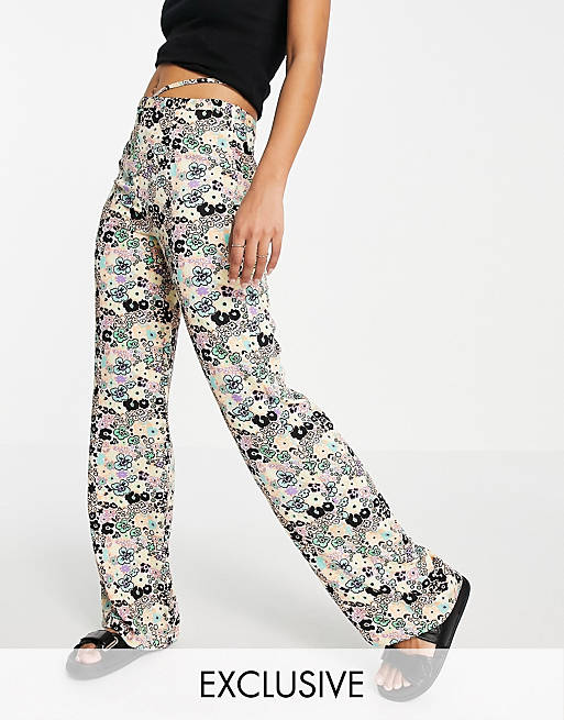 COLLUSION straight leg satin print trouser with tie waist co-ord