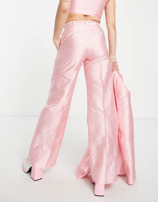 COLLUSION straight leg trousers in pink with faux pearl belt co