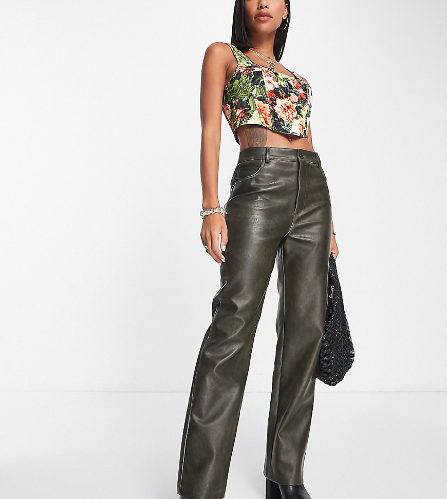 Collusion Straight Leg Washed Faux Leather Pants In Khaki-green