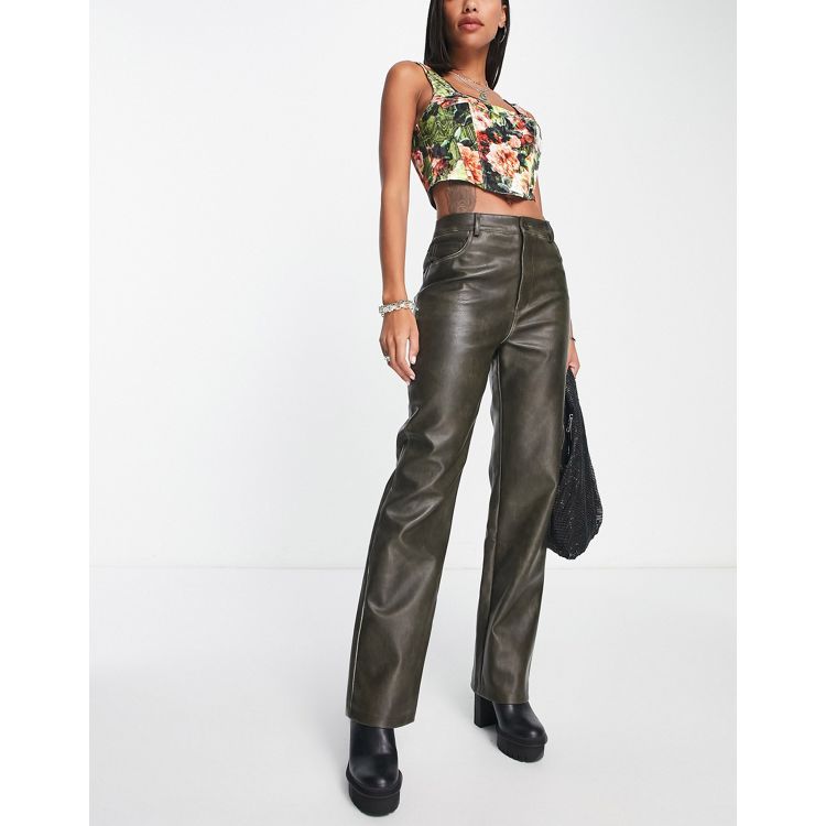 COLLUSION straight leg washed faux leather pants in khaki