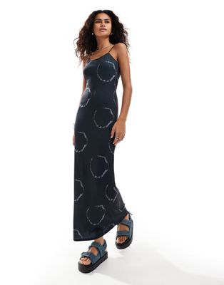 straight neck printed maxi dress in navy
