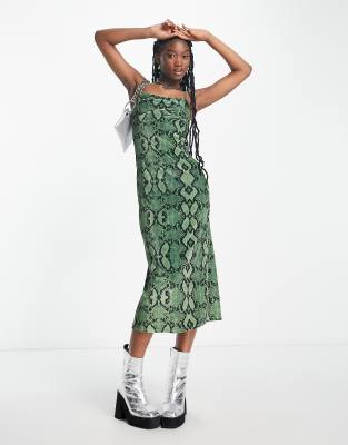 COLLUSION straight neck velvet snake print midi dress in green