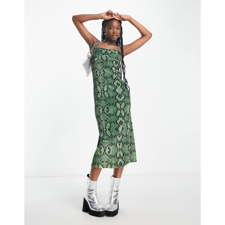 COLLUSION straight neck velvet snake print dress in green