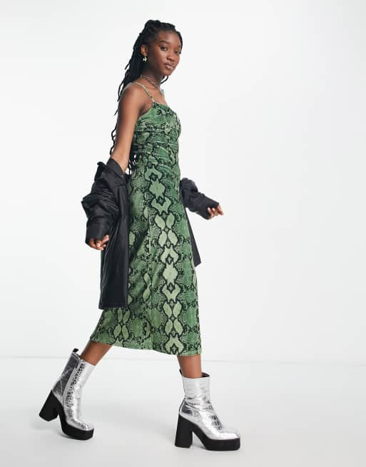 COLLUSION straight neck velvet snake print midi dress in green ASOS