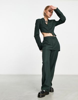 COLLUSION straight trouser with overskirt in dark micro check co-ord in green