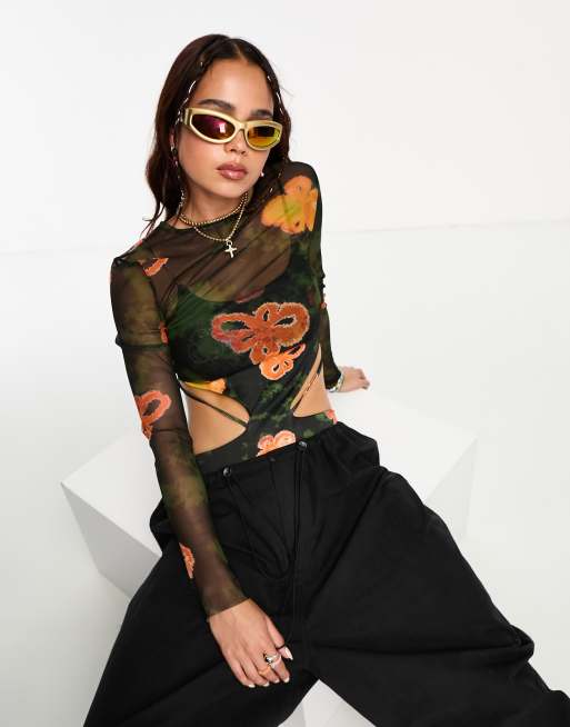 COLLUSION - Strandtop van mesh met vervaagde bloemenprint in multi