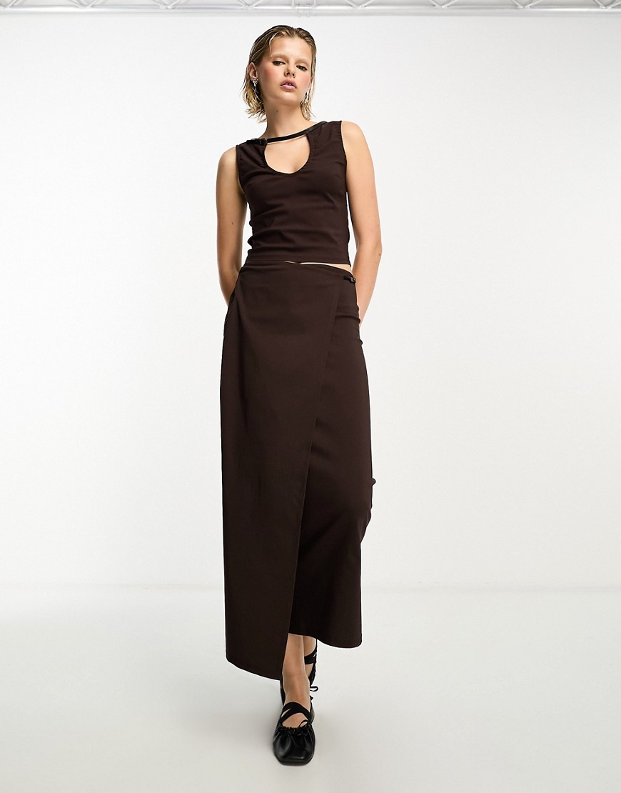 strap detail bengaline wrap maxi skirt in brown