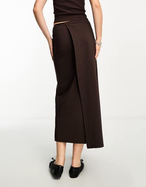 COLLUSION strap detail bengaline wrap maxi skirt in brown