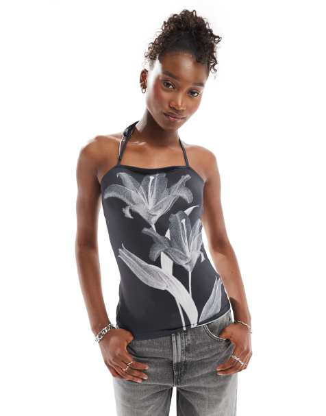 COLLUSION strappy cami longline halter in mono floral - view 1