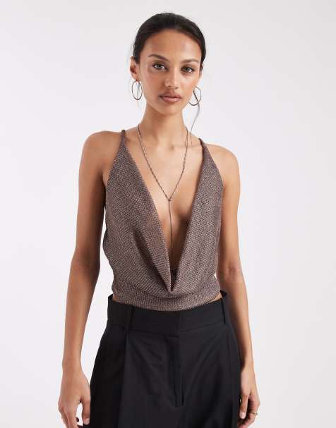 COLLUSION strappy extreme cowl halter top in chocolate metallic