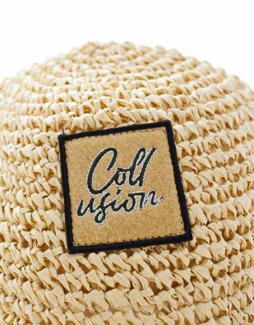 COLLUSION straw branded bucket hat in natural, 2 of 4