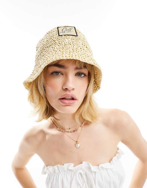 COLLUSION straw branded bucket hat in natural, 3 of 4