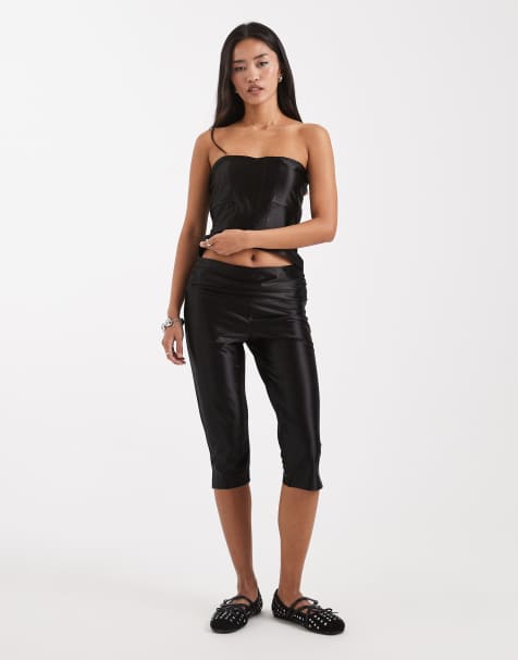 COLLUSION stretch satin low rise capri pants in black co-ord - view 1