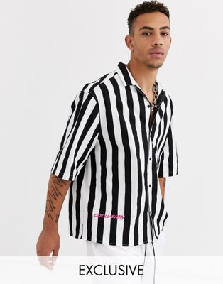 COLLUSION - Stribet oversized boxy skjorte med logoprint-Multifarvet