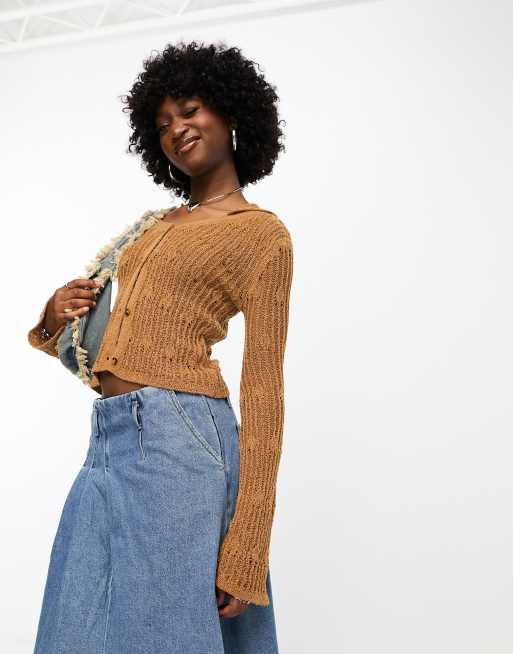 COLLUSION – Strickjacke im Hemd-Design in Rostrot mit Lochmuster