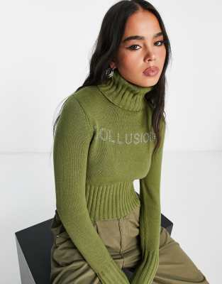 COLLUSION - Strickpullover in Khaki mit Strass-Print und Rollkragen-Blau