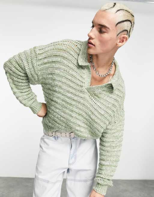 Collusion – Strickpullover in Weiß und Grün mit Kragen und weitmaschigem Design