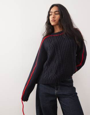 COLLUSION - Strickpullover mit grobem Zopfmuster-Weiß