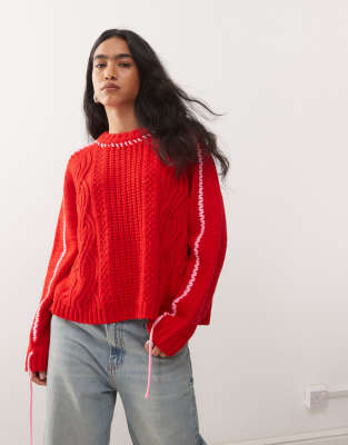 COLLUSION - Strickpullover mit grobem Zopfmuster-Rot