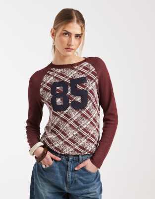 COLLUSION - Strickpullover mit Raglanärmeln, Argyle-Muster und Zahlenmotiv-Brown