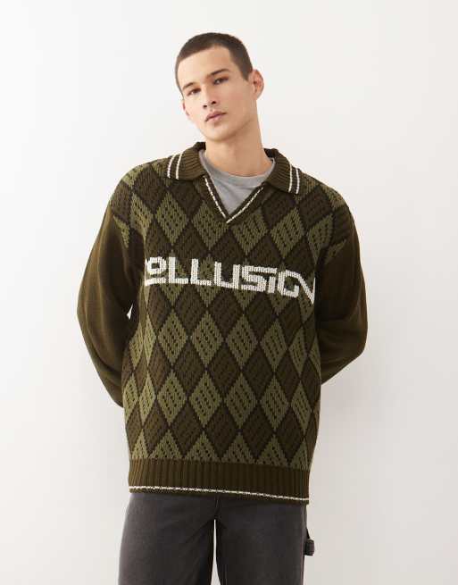 COLLUSION - Strikket sweater med grønt fodbolddesign og firkantet pasform