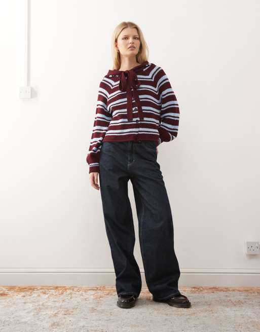 COLLUSION stripe cardi with hood scarf detail in burgundy stripe, 2 of 4
