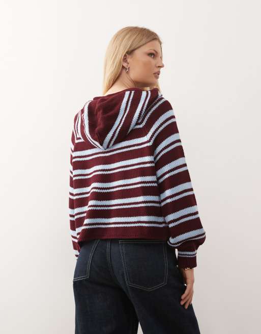 COLLUSION stripe cardi with hood scarf detail in burgundy stripe, 3 of 4
