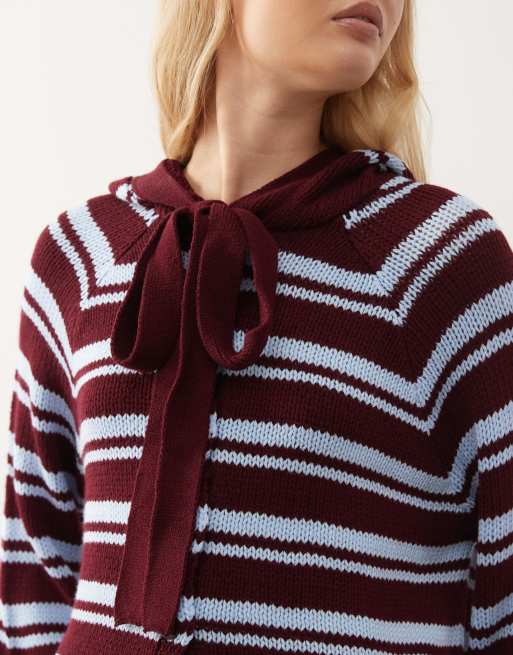 COLLUSION stripe cardi with hood scarf detail in burgundy stripe, 4 of 4